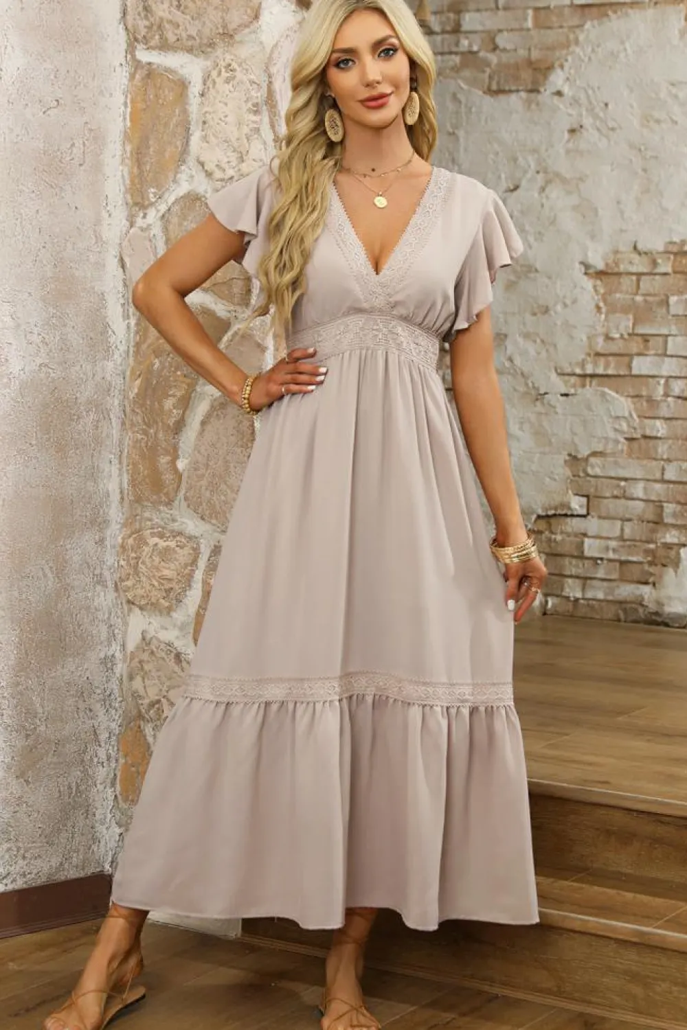 Hot Dear-Lover Lace V Neck Ruffled Sleeve Empire Waist Dress Oatmeal