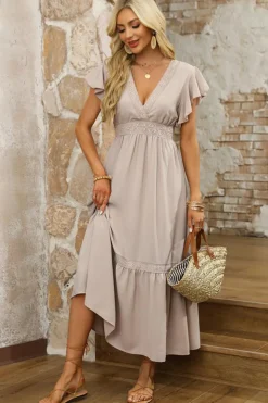Hot Dear-Lover Lace V Neck Ruffled Sleeve Empire Waist Dress Oatmeal