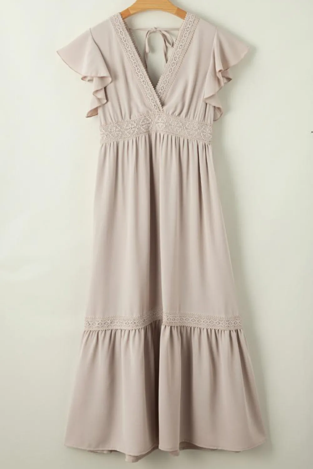 Hot Dear-Lover Lace V Neck Ruffled Sleeve Empire Waist Dress Oatmeal