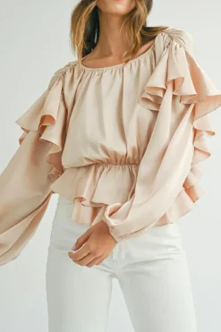 Discount Dear-Lover Lace-up Keyhole Back Ruffled Peplum Blouse Oatmeal