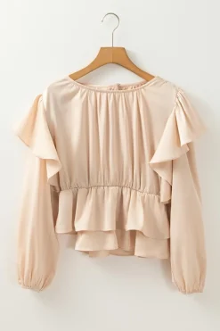 Discount Dear-Lover Lace-up Keyhole Back Ruffled Peplum Blouse Oatmeal