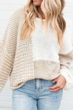 Outlet Dear-Lover Mixed Pattern Knit Tie Keyhole Drop Shoulder Sweater Oatmeal