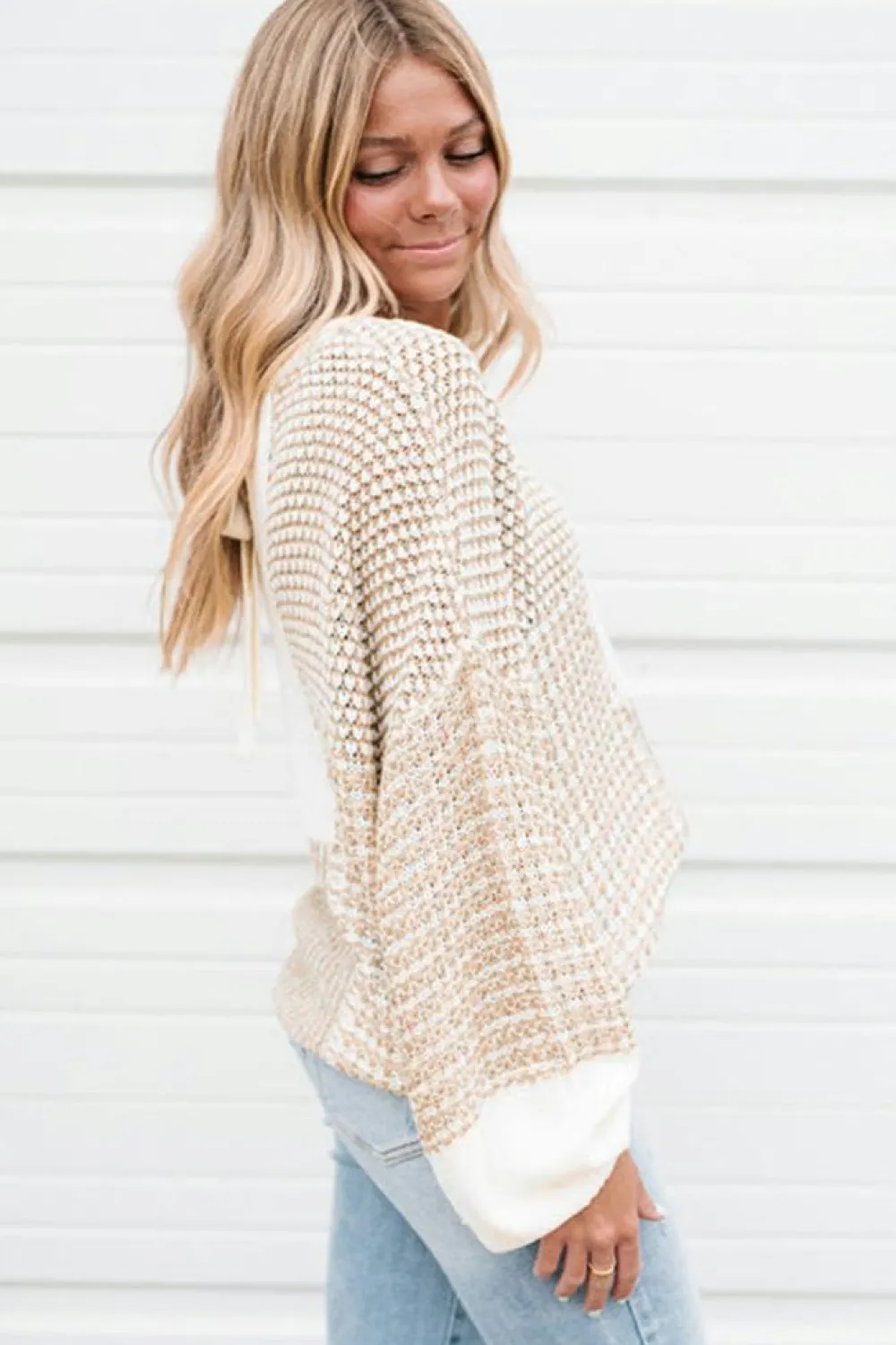 Outlet Dear-Lover Mixed Pattern Knit Tie Keyhole Drop Shoulder Sweater Oatmeal