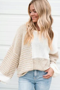 Outlet Dear-Lover Mixed Pattern Knit Tie Keyhole Drop Shoulder Sweater Oatmeal