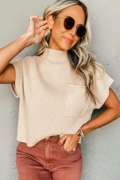 Outlet Dear-Lover Patch Pocket Ribbed Knit Short Sleeve Sweater Oatmeal