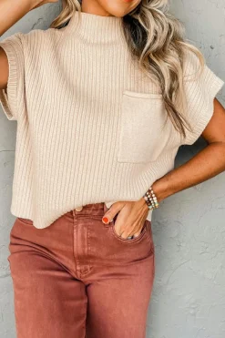 Outlet Dear-Lover Patch Pocket Ribbed Knit Short Sleeve Sweater Oatmeal