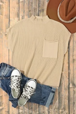 Outlet Dear-Lover Patch Pocket Ribbed Knit Short Sleeve Sweater Oatmeal