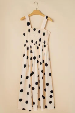 Online Dear-Lover Polka Dot Smocked Fit Flared Sleeveless Long Dress Oatmeal