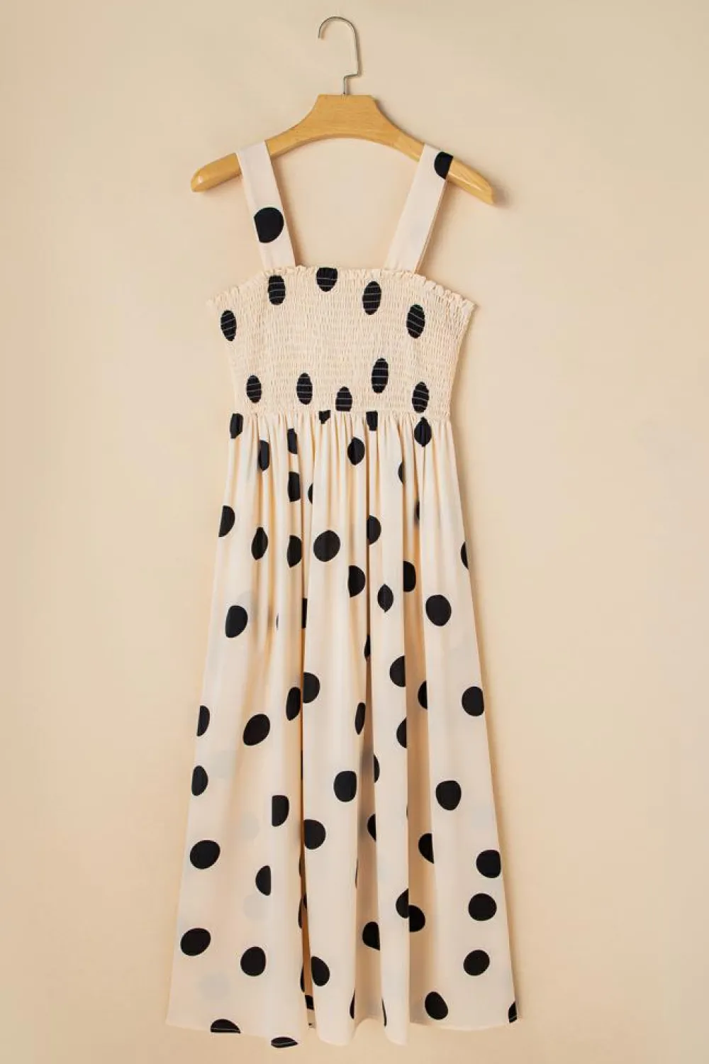 Online Dear-Lover Polka Dot Smocked Fit Flared Sleeveless Long Dress Oatmeal
