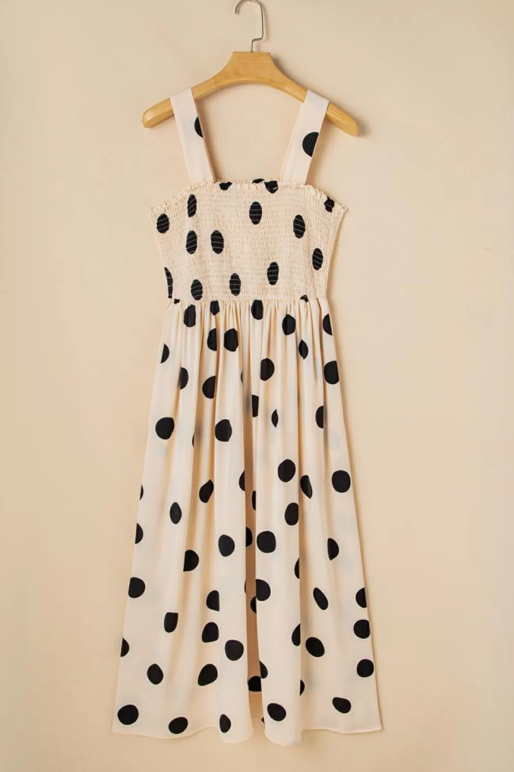 Online Dear-Lover Polka Dot Smocked Fit Flared Sleeveless Long Dress Oatmeal