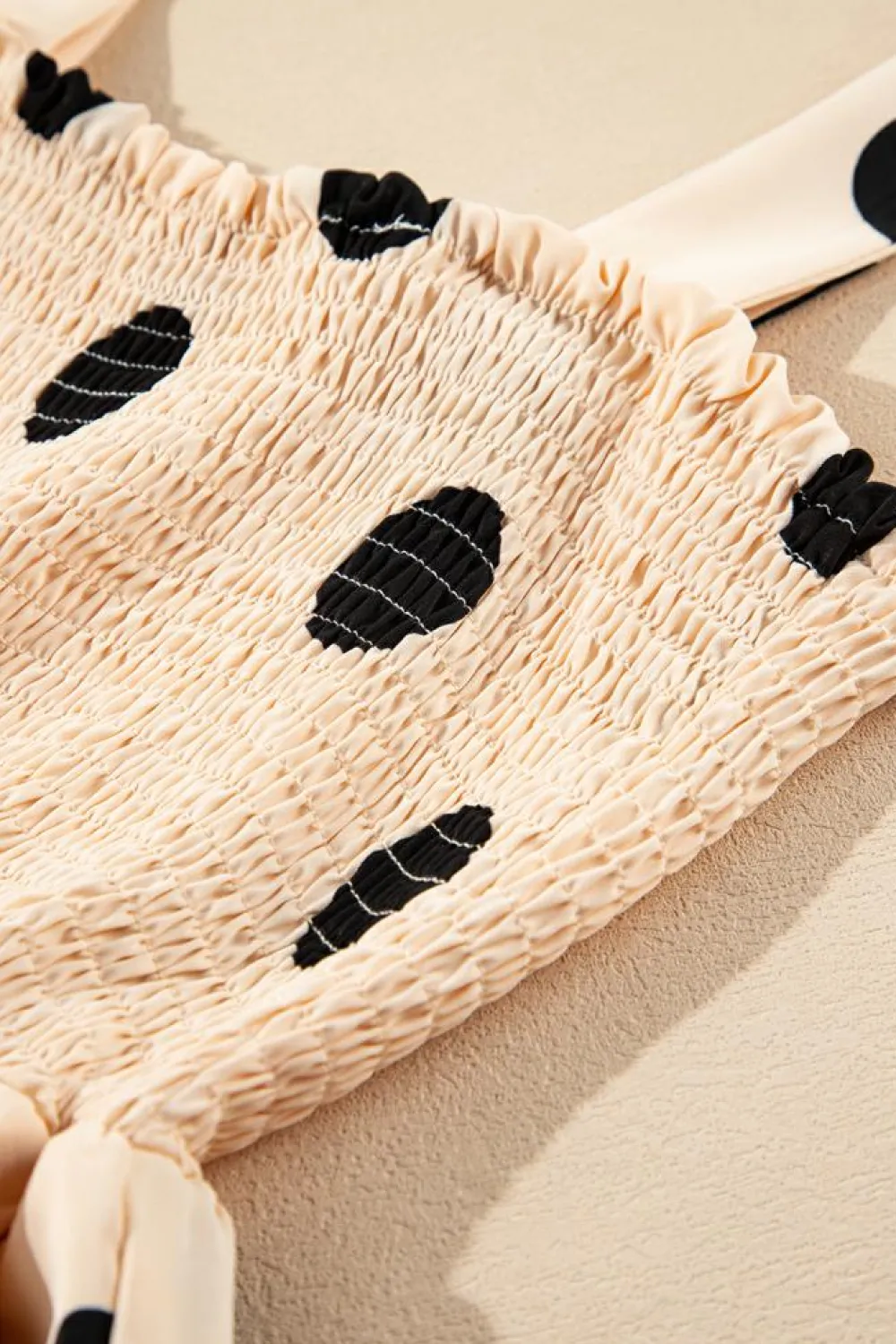 Online Dear-Lover Polka Dot Smocked Fit Flared Sleeveless Long Dress Oatmeal