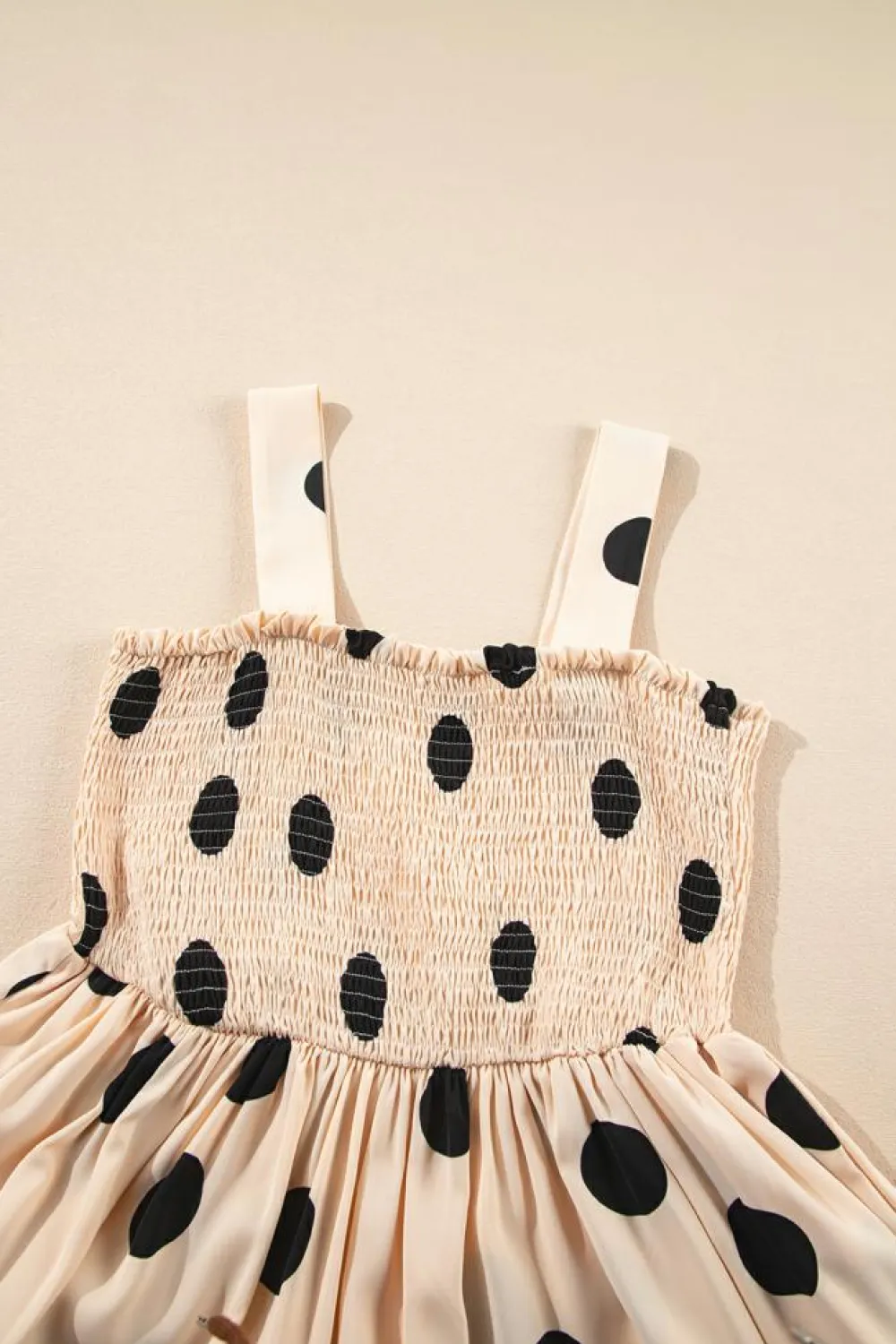Online Dear-Lover Polka Dot Smocked Fit Flared Sleeveless Long Dress Oatmeal