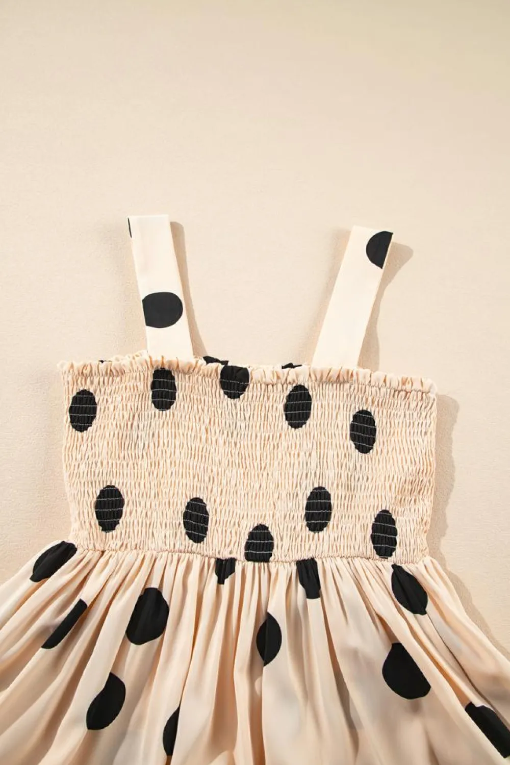 Online Dear-Lover Polka Dot Smocked Fit Flared Sleeveless Long Dress Oatmeal