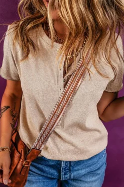 Hot Dear-Lover Short Sleeve Half Button Ribbed Knit Top Oatmeal