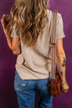 Hot Dear-Lover Short Sleeve Half Button Ribbed Knit Top Oatmeal