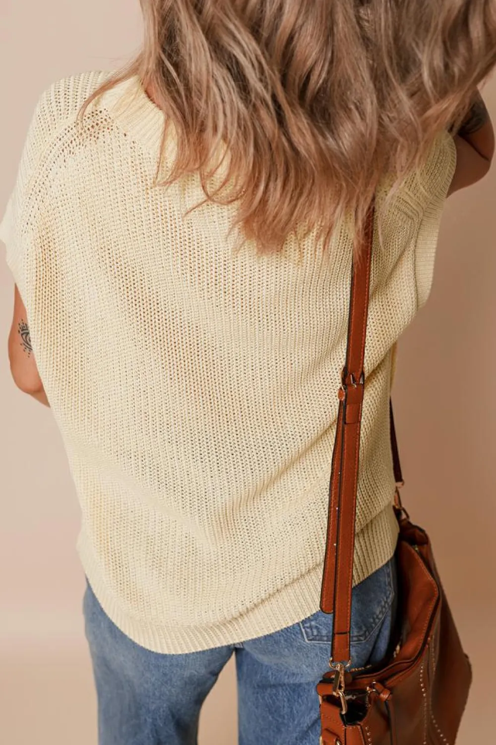 Best Dear-Lover Solid Color Batwing Short Sleeve Round Neck Knit T Shirt Oatmeal
