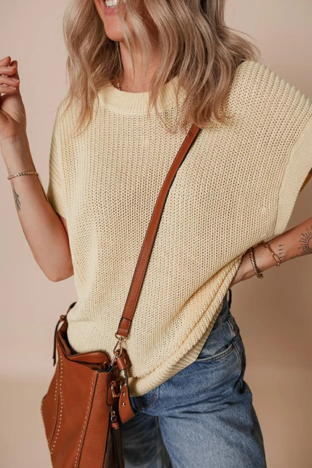 Best Dear-Lover Solid Color Batwing Short Sleeve Round Neck Knit T Shirt Oatmeal