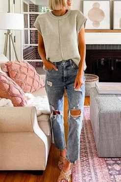 Best Dear-Lover Solid Color Cap Sleeve Knitted Sweater Oatmeal