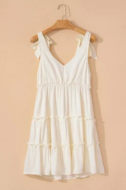 Outlet Dear-Lover Solid Color Tied Straps Ruffle Tiered Mini Dress Oatmeal