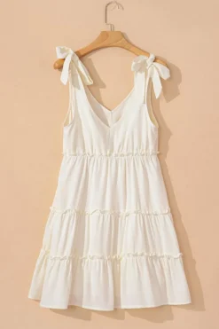 Outlet Dear-Lover Solid Color Tied Straps Ruffle Tiered Mini Dress Oatmeal