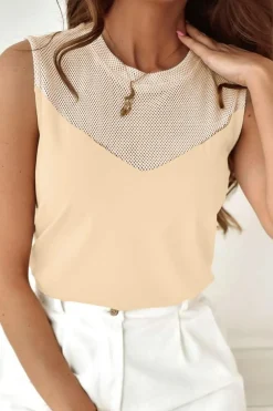 Sale Dear-Lover Solid Mesh Patchwork Crew Neck Tank Top Oatmeal