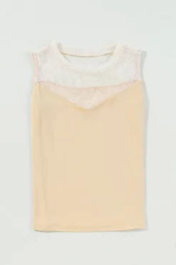 Sale Dear-Lover Solid Mesh Patchwork Crew Neck Tank Top Oatmeal