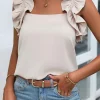 Discount Dear-Lover Solid Ruffle Trim Sleeveless Top Oatmeal