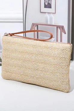 New Dear-Lover Straw Woven Wrist Strap Zipper Large Wallet Oatmeal