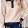 Fashion Dear-Lover Textured Colorblock Edge Buttoned Collar Sweatshirt Oatmeal