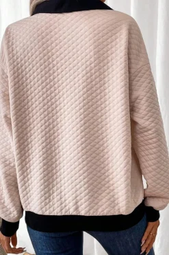 Fashion Dear-Lover Textured Colorblock Edge Buttoned Collar Sweatshirt Oatmeal