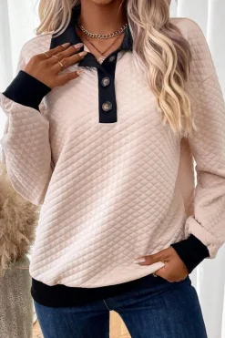 Fashion Dear-Lover Textured Colorblock Edge Buttoned Collar Sweatshirt Oatmeal