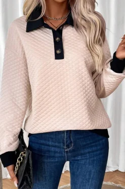 Fashion Dear-Lover Textured Colorblock Edge Buttoned Collar Sweatshirt Oatmeal