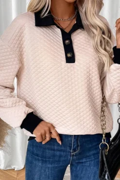 Fashion Dear-Lover Textured Colorblock Edge Buttoned Collar Sweatshirt Oatmeal