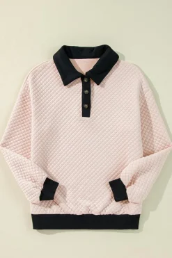 Fashion Dear-Lover Textured Colorblock Edge Buttoned Collar Sweatshirt Oatmeal