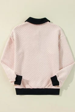Fashion Dear-Lover Textured Colorblock Edge Buttoned Collar Sweatshirt Oatmeal