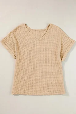 Online Dear-Lover Textured Knit Button Back Cuffed Sleeve Tee Oatmeal