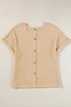 Online Dear-Lover Textured Knit Button Back Cuffed Sleeve Tee Oatmeal