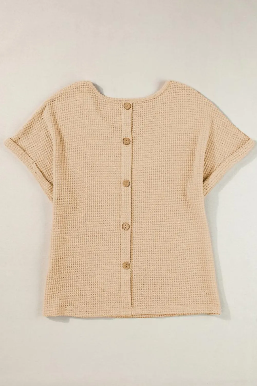 Online Dear-Lover Textured Knit Button Back Cuffed Sleeve Tee Oatmeal