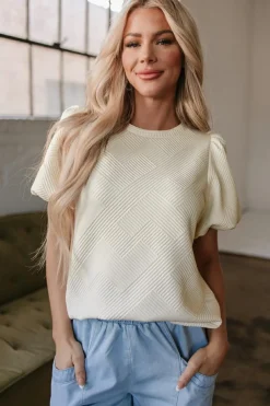 Sale Dear-Lover Textured Puff Sleeve T-shirt Oatmeal