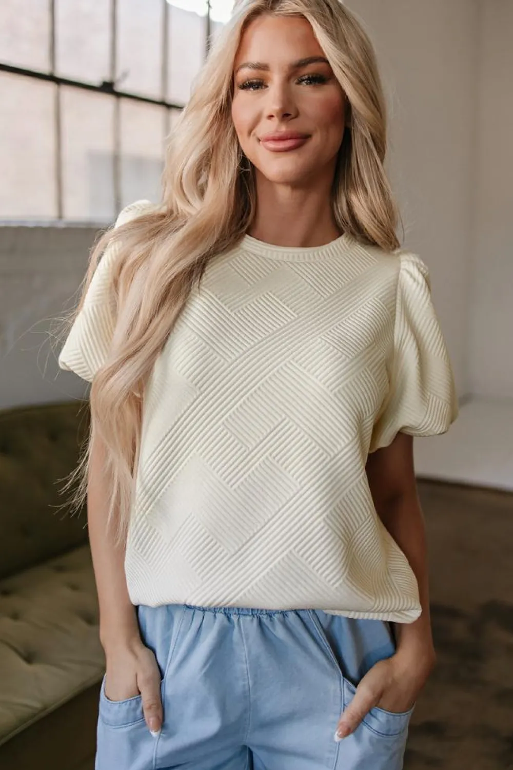 Sale Dear-Lover Textured Puff Sleeve T-shirt Oatmeal
