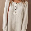 Fashion Dear-Lover Waffle Knit Buttoned Front Raglan Sleeve Loose Blouse Oatmeal