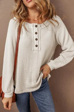 Fashion Dear-Lover Waffle Knit Buttoned Front Raglan Sleeve Loose Blouse Oatmeal