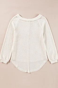Fashion Dear-Lover Waffle Knit Buttoned Front Raglan Sleeve Loose Blouse Oatmeal