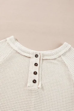 Fashion Dear-Lover Waffle Knit Buttoned Front Raglan Sleeve Loose Blouse Oatmeal