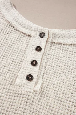 Fashion Dear-Lover Waffle Knit Buttoned Front Raglan Sleeve Loose Blouse Oatmeal