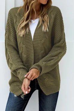 Fashion Dear-Lover Olive Chunky Wide Long Sleeve Knit Cardigan Olive Green