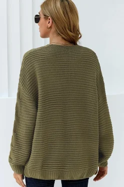 Fashion Dear-Lover Olive Chunky Wide Long Sleeve Knit Cardigan Olive Green