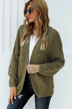 Fashion Dear-Lover Olive Chunky Wide Long Sleeve Knit Cardigan Olive Green