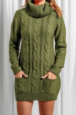 Best Dear-Lover Olive Cowl Neck Cable Knit Sweater Dress Green