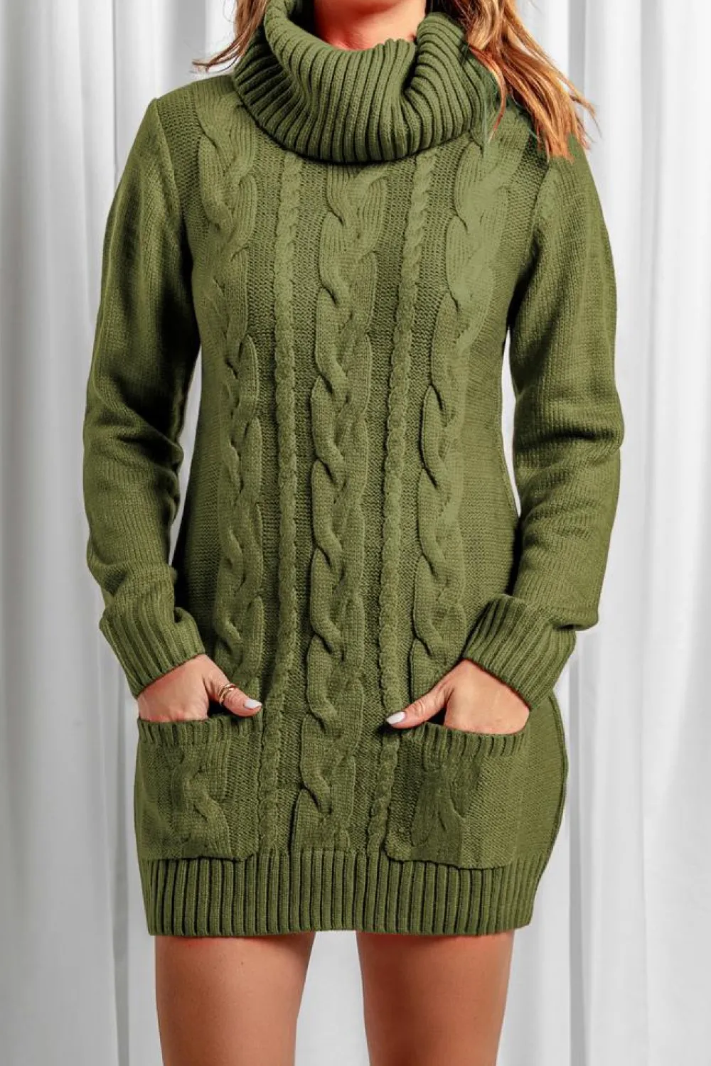 Best Dear-Lover Olive Cowl Neck Cable Knit Sweater Dress Green